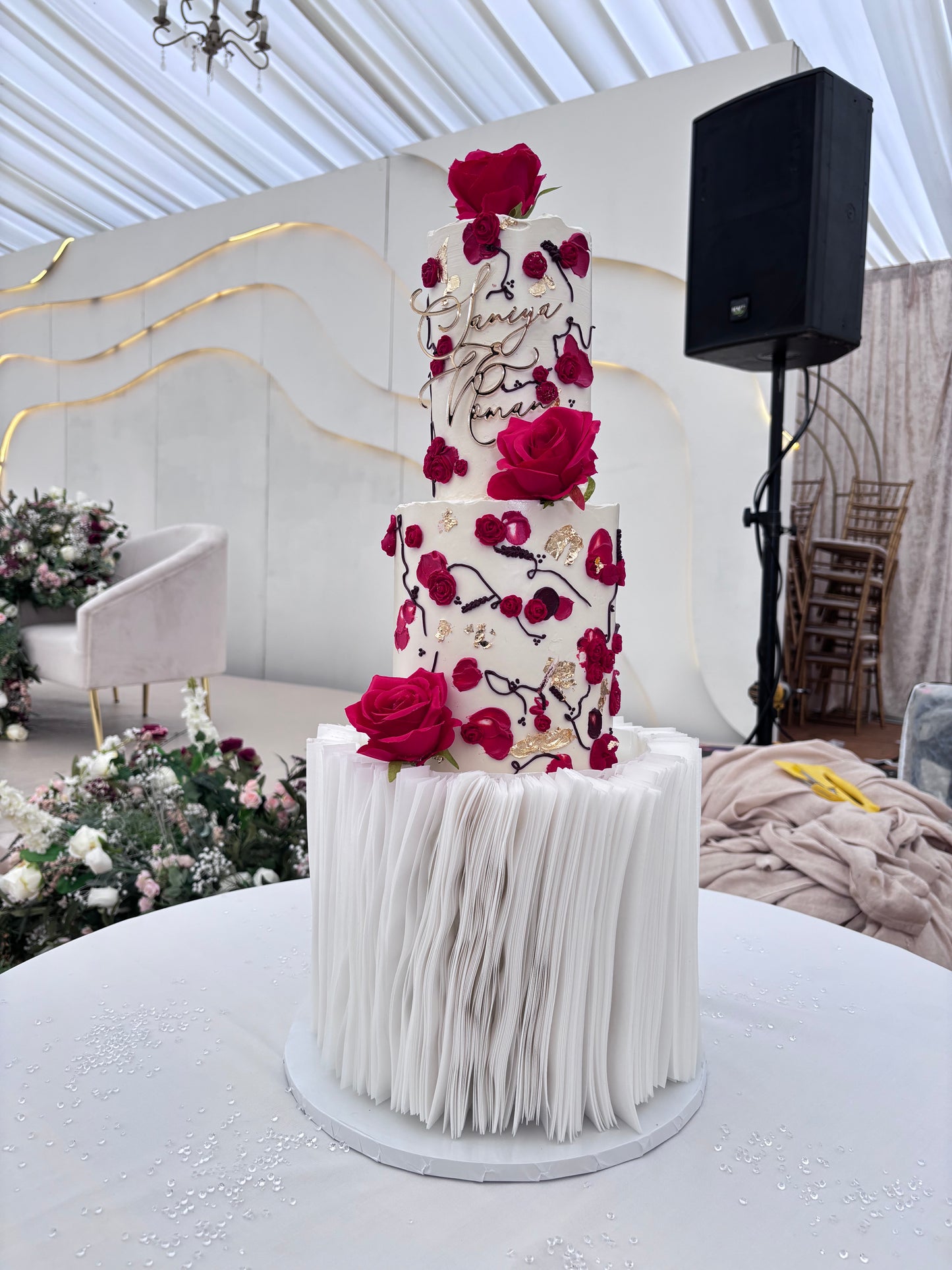 3 tier wedding cake with wafer paper and hand drawn roses