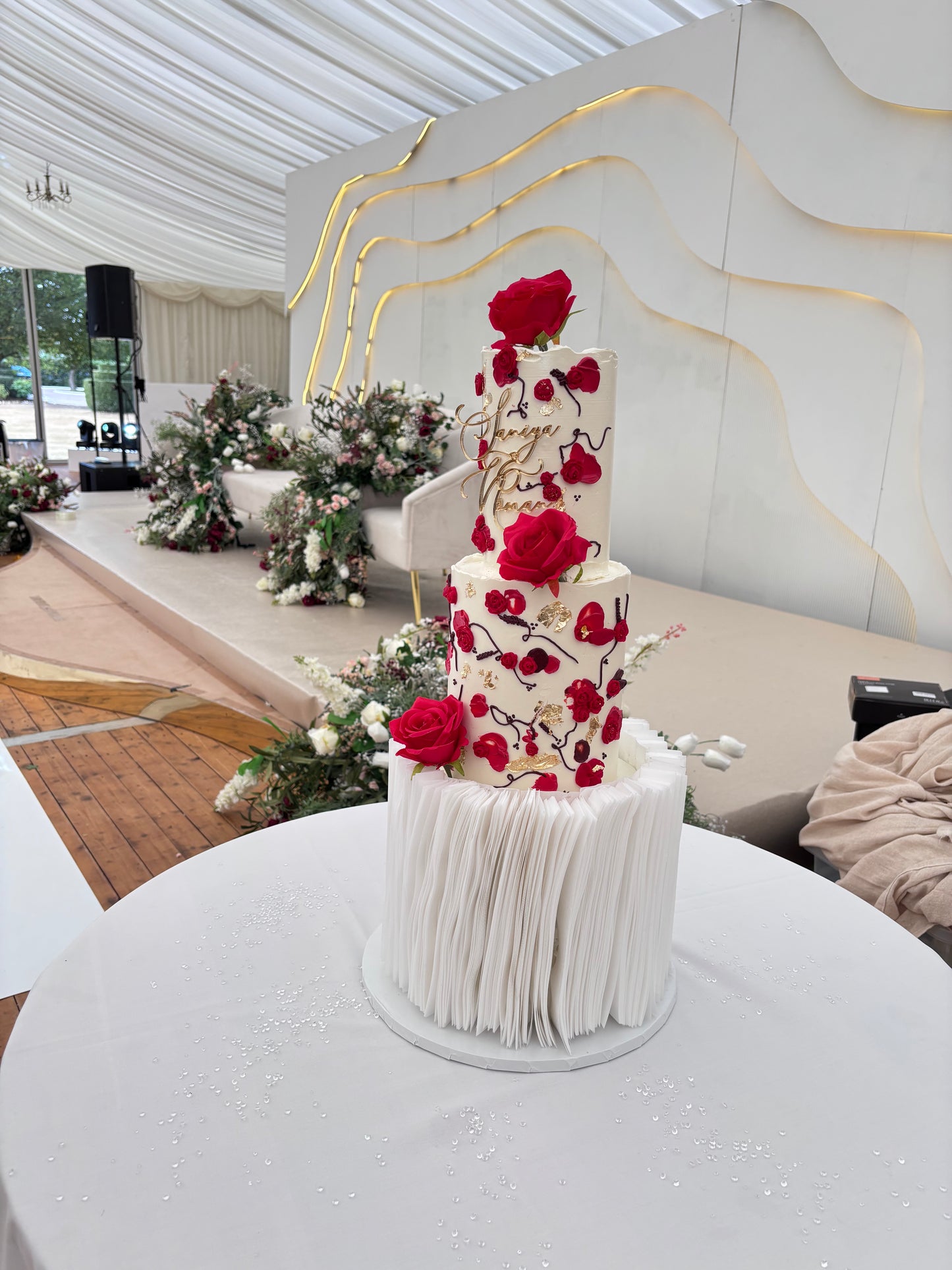 3 tier wedding cake with wafer paper and hand drawn roses