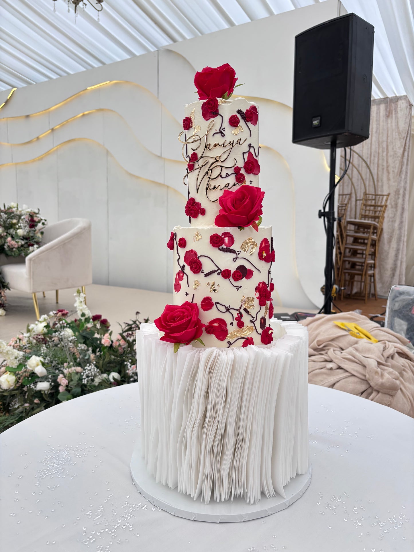 3 tier wedding cake with wafer paper and hand drawn roses