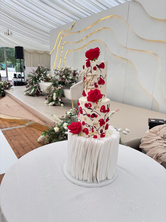 3 tier wedding cake with wafer paper and hand drawn roses