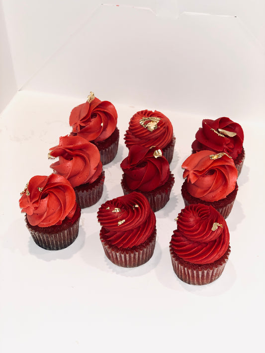 Valentines Day (Box of 9 mini Velvet Cup Cakes) Topped With Real Gold Edible Flakes